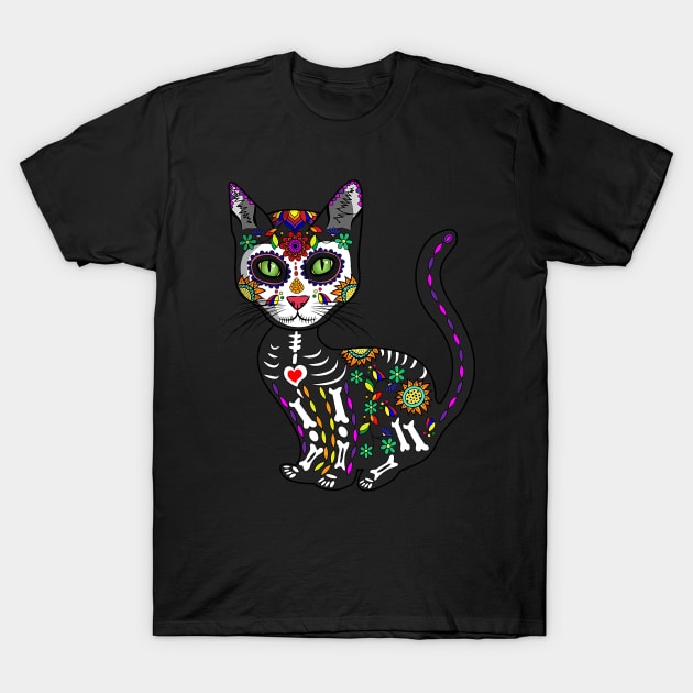 Cute Sugar Skull Mexican Cat Halloween Day Of The Dead T-Shirt by Delsman35